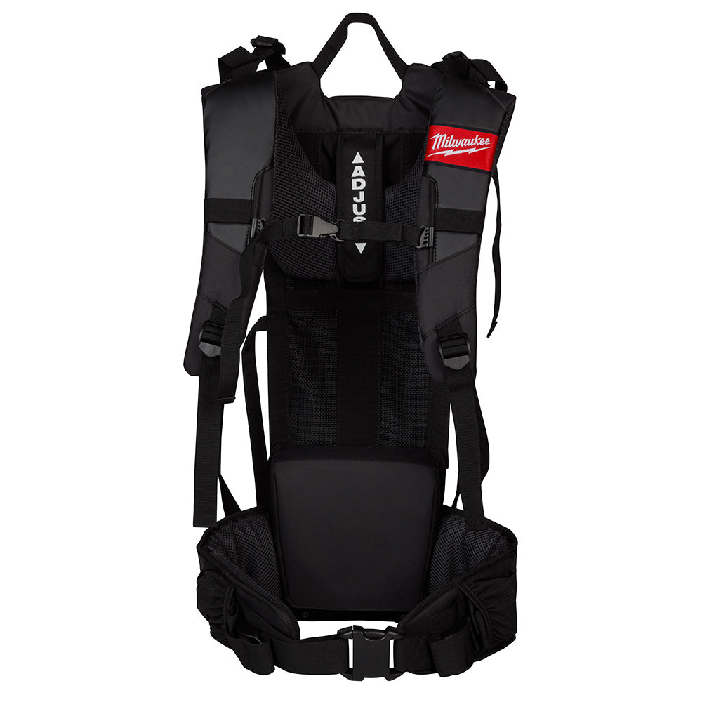 Black Milwaukee backpack harness with padded straps, mesh ventilation, waist belt, and brand logo on shoulder pocket.