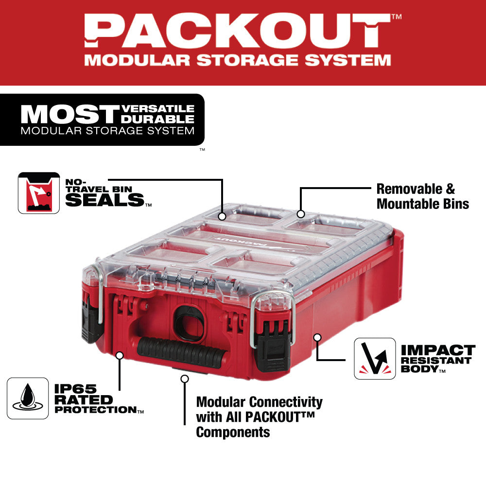 Red and black plastic organizer with transparent lid, removable clear bins, and black handles.