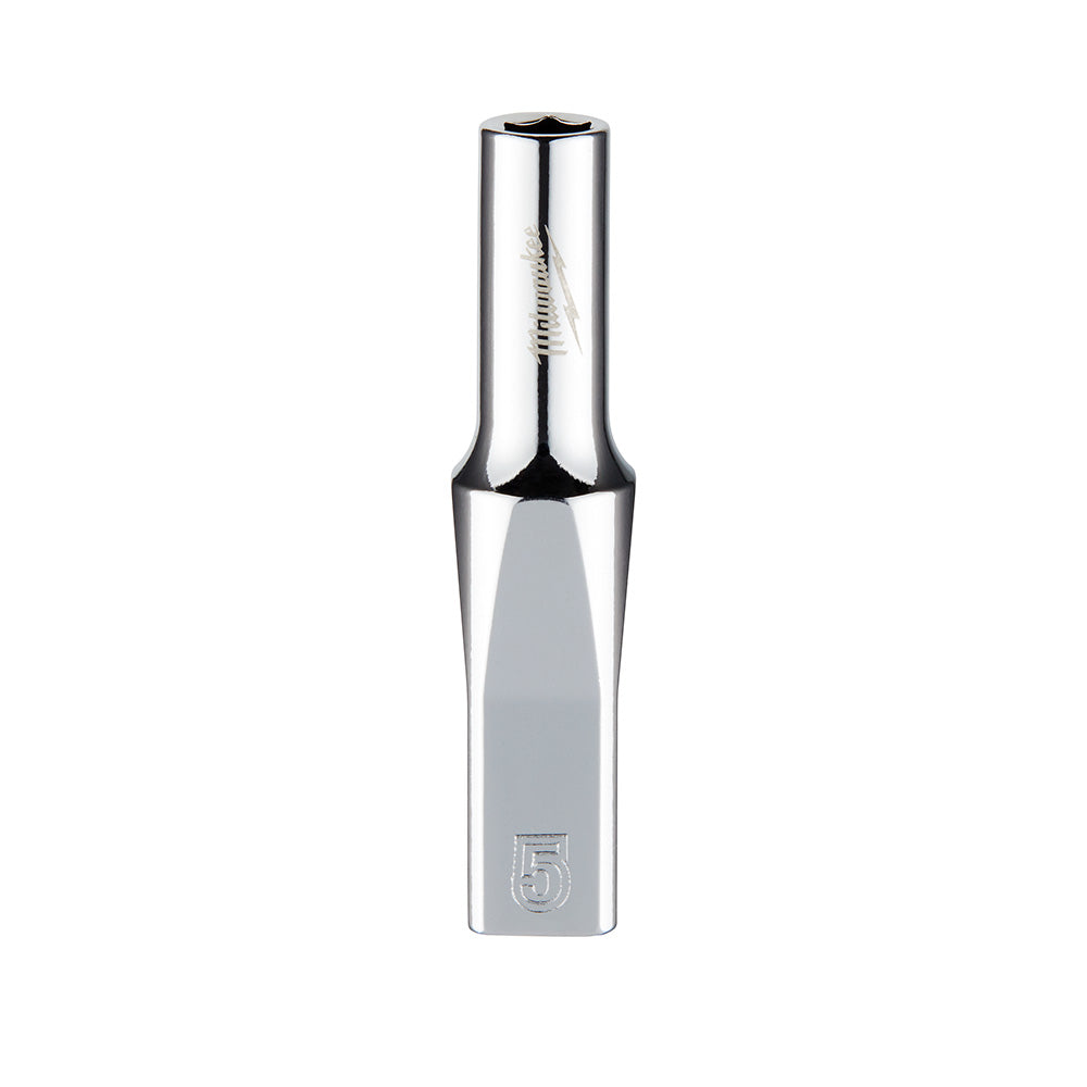 Milwaukee 5mm metric 6-point deep socket with 1/4 inch drive, polished chrome finish.