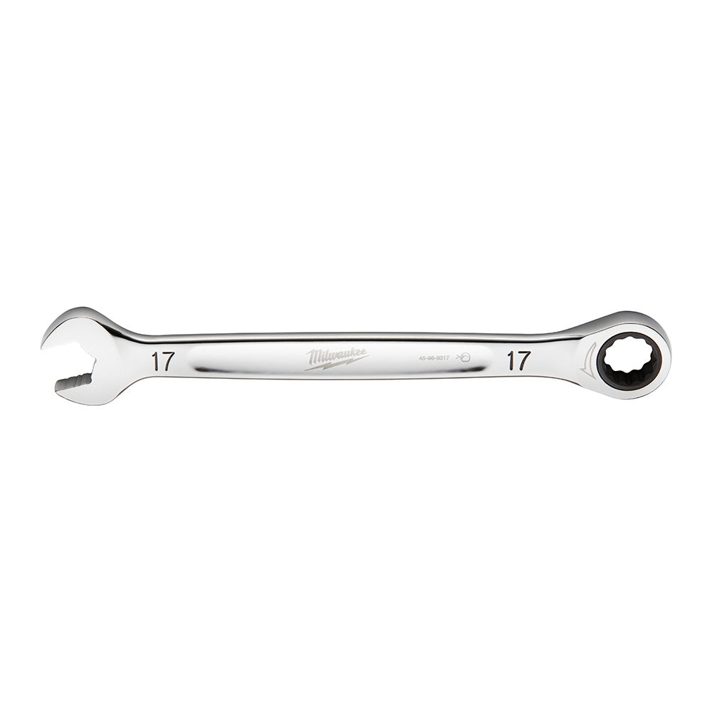 17mm chrome ratcheting combination wrench with open end and round ratchet head.