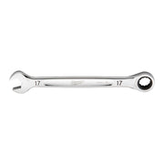 17mm chrome ratcheting combination wrench with open end and round ratchet head.
