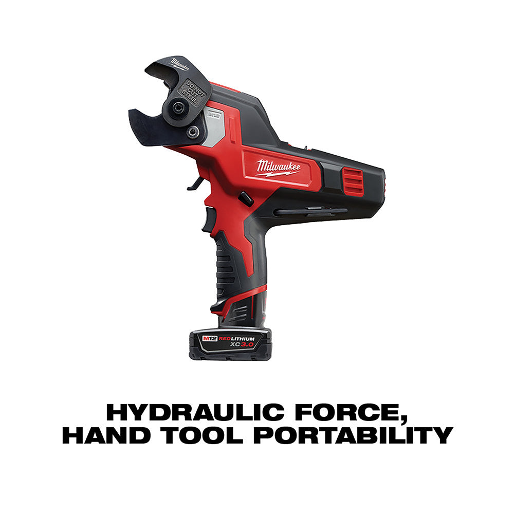 Milwaukee M12 cordless cable cutter with red and black body, open cutting head, and lithium battery pack attached.
