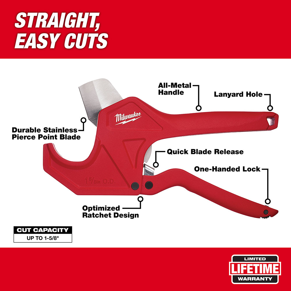 Milwaukee ratcheting pipe cutter with red handle, stainless steel blade, and one-handed lock mechanism.