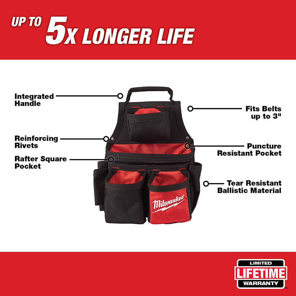 Black and red carpenter's pouch with integrated handle, multiple pockets, and reinforcing rivets.