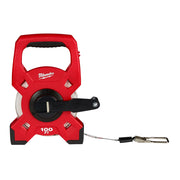 Red and black Milwaukee 100 ft. open reel tape measure with steel tape extended and metal hook attachment.