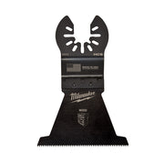 Black Milwaukee OPEN-LOK 2-1/2" HCS wood cutting blade with dual teeth and mounting slots.