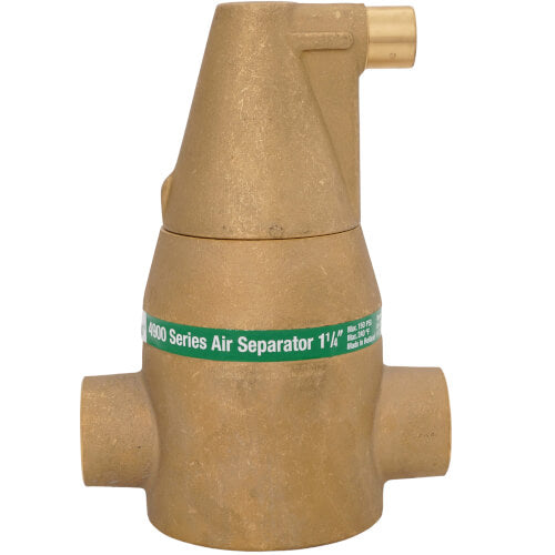 Brass air separator with 1-1/4" sweat connections on sides and top outlet, tan cylindrical body with green band label.