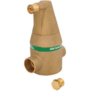 Brass air separator with 1-1/4" sweat connection, vent valve on top, and removable plug at bottom.