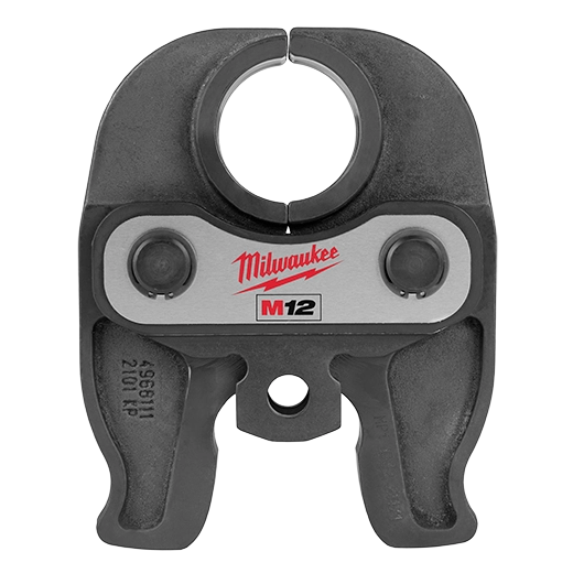 Milwaukee M12 MAGNATEC black press jaw tool with circular opening and two round buttons on silver center band.