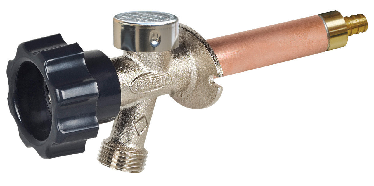 Brass wall hydrant with copper tube, black knob handle, and brass PEX inlet fitting on right end.