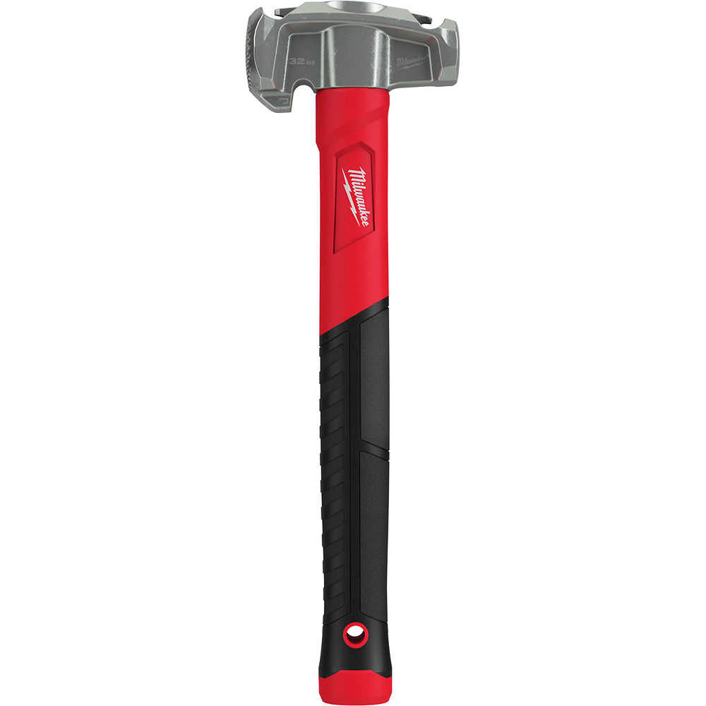 Milwaukee lineman's hammer with metal head featuring multiple tool functions and red and black handle.