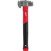 Milwaukee lineman's hammer with metal head featuring multiple tool functions and red and black handle.