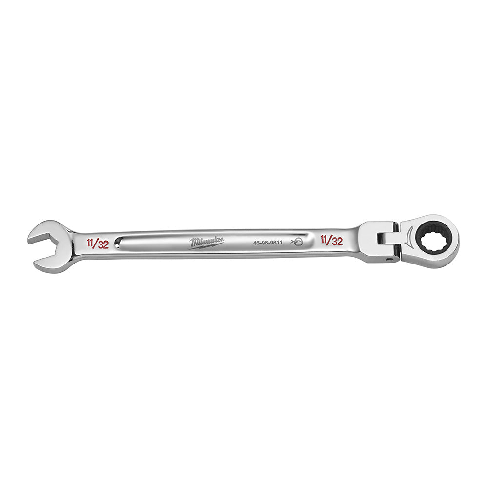 Milwaukee 11/32" combination wrench with open end, flex head, and ratchet socket end.