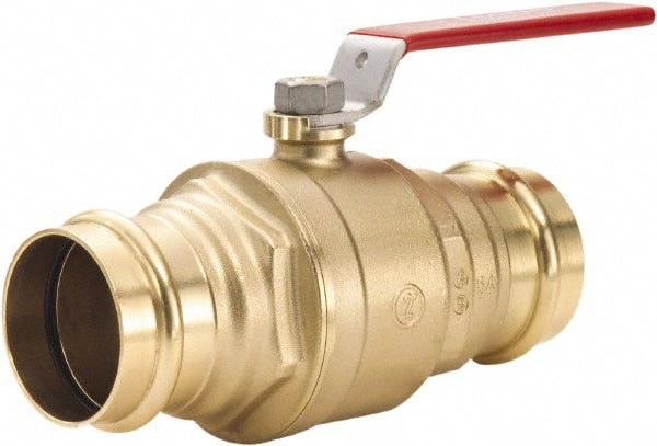 Brass ball valve with red lever handle and press-fit connections on both ends.
