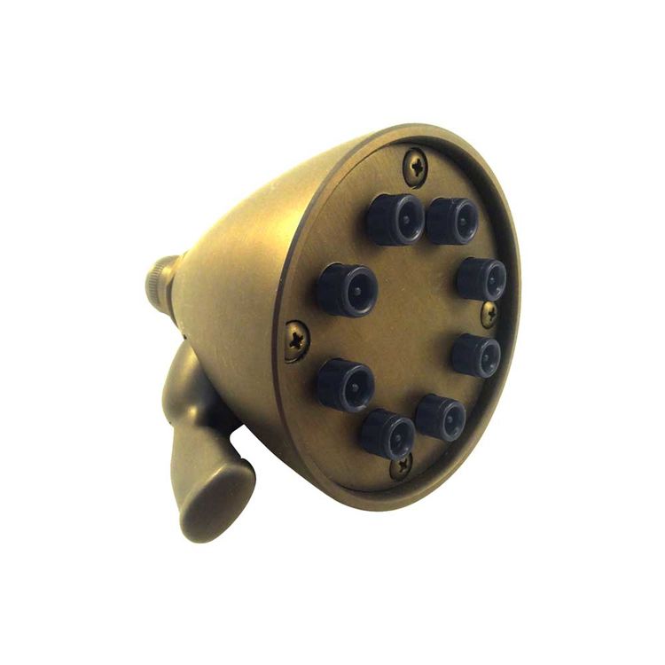 Antique brass rainfall shower head with nine black nozzles and adjustable arm mount.