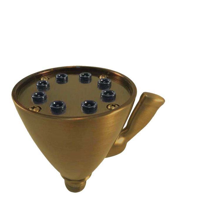 Antique brass rainfall shower head with eight spray outlets and side arm connection.