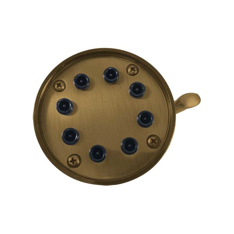 Antique brass circular rainfall shower head with nine spray jets and mounting bracket.
