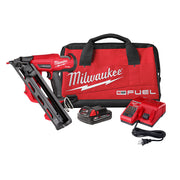 Milwaukee M18 FUEL finish nailer kit with red tool bag, battery, dual charger, and power cord.
