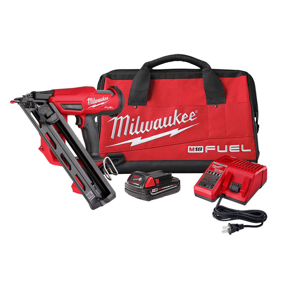 Milwaukee M18 FUEL finish nailer kit with red tool bag, battery, dual charger, and power cord.
