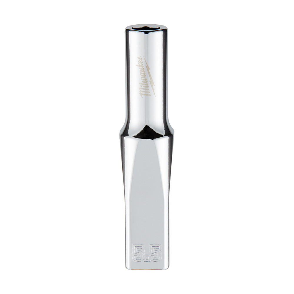 Polished metal 1/4 inch drive deep socket with 6-point opening and 5.5mm size marking on hex base.