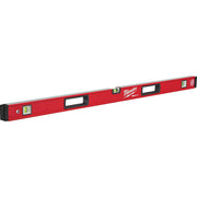 Red Milwaukee REDSTICK box level with black end caps and multiple bubble vials for measuring level and plumb.