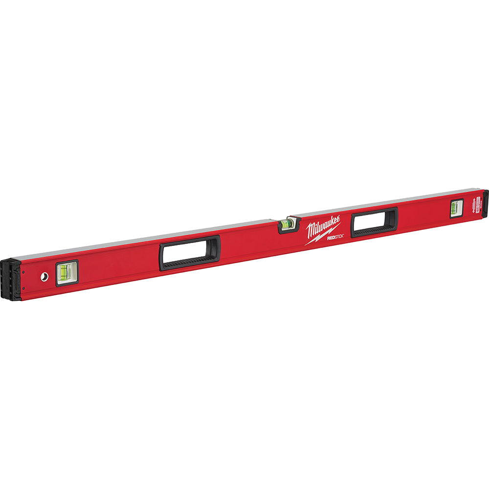 Red Milwaukee REDSTICK box level with black end caps and multiple bubble vials for measuring level and plumb.