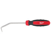 Milwaukee 90-degree hose pick with red and black handle and curved metal shaft.