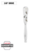 Milwaukee 3/8" drive flex head ratchet with articulating head and chrome finish handle.