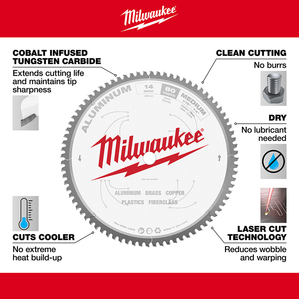 14-inch aluminum cutting circular saw blade with cobalt-infused tungsten carbide teeth and laser-cut design.