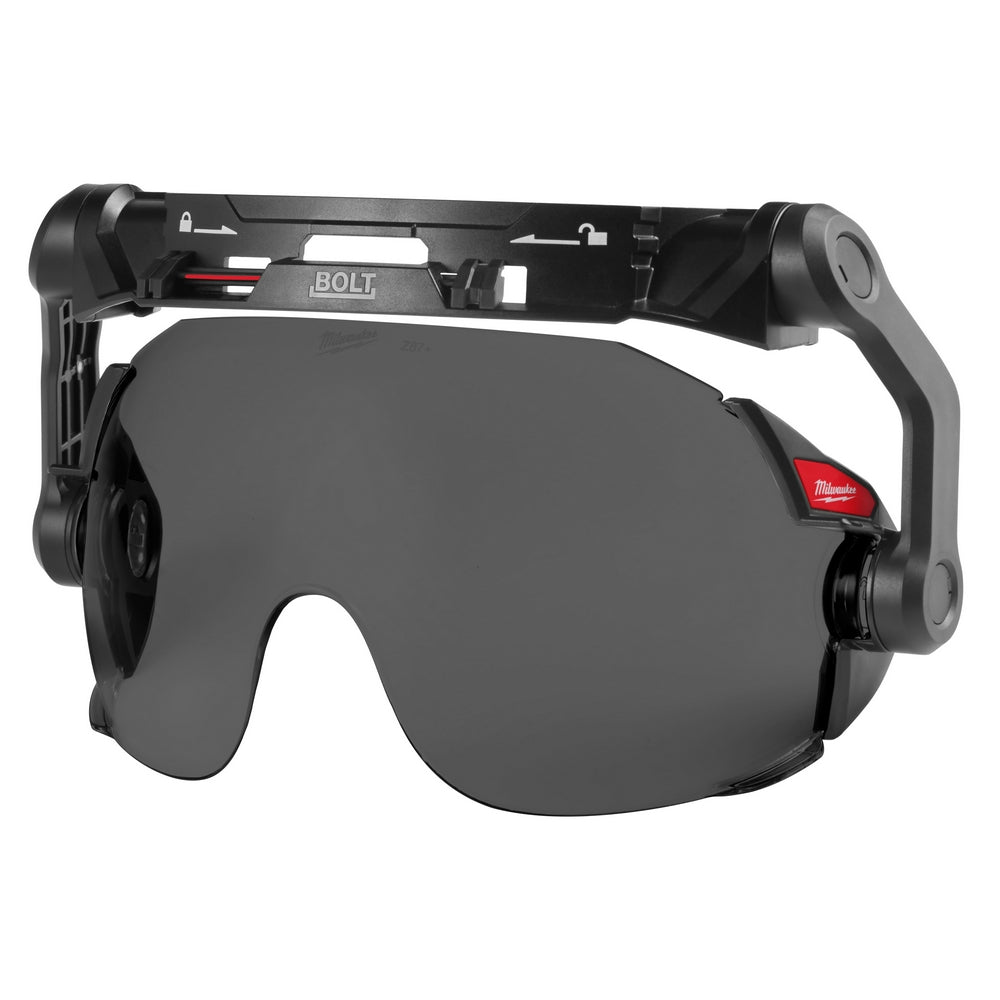 Milwaukee BOLT Eye Visor with tinted gray dual coat lens and black mounting bracket for safety helmets.