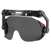 Milwaukee BOLT Eye Visor with tinted gray dual coat lens and black mounting bracket for safety helmets.