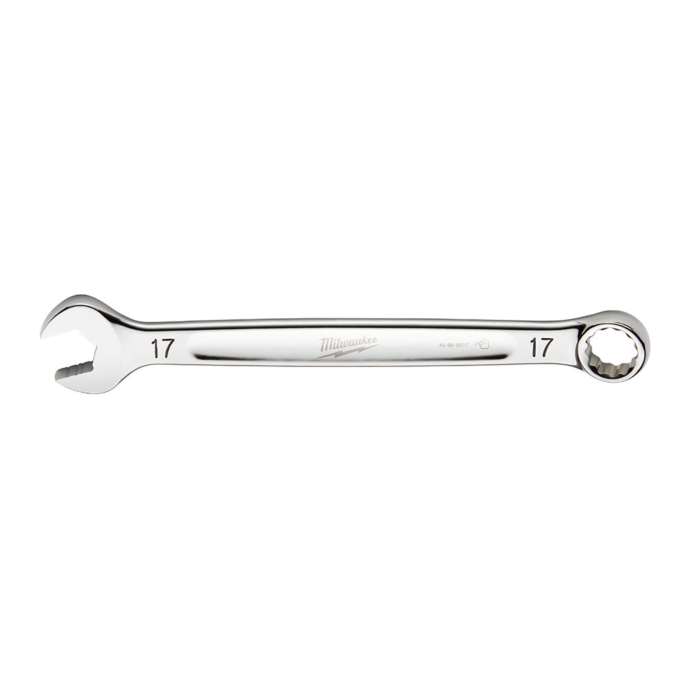 Silver 17mm combination wrench with open end on left and closed ring end on right, marked "17" on both ends.