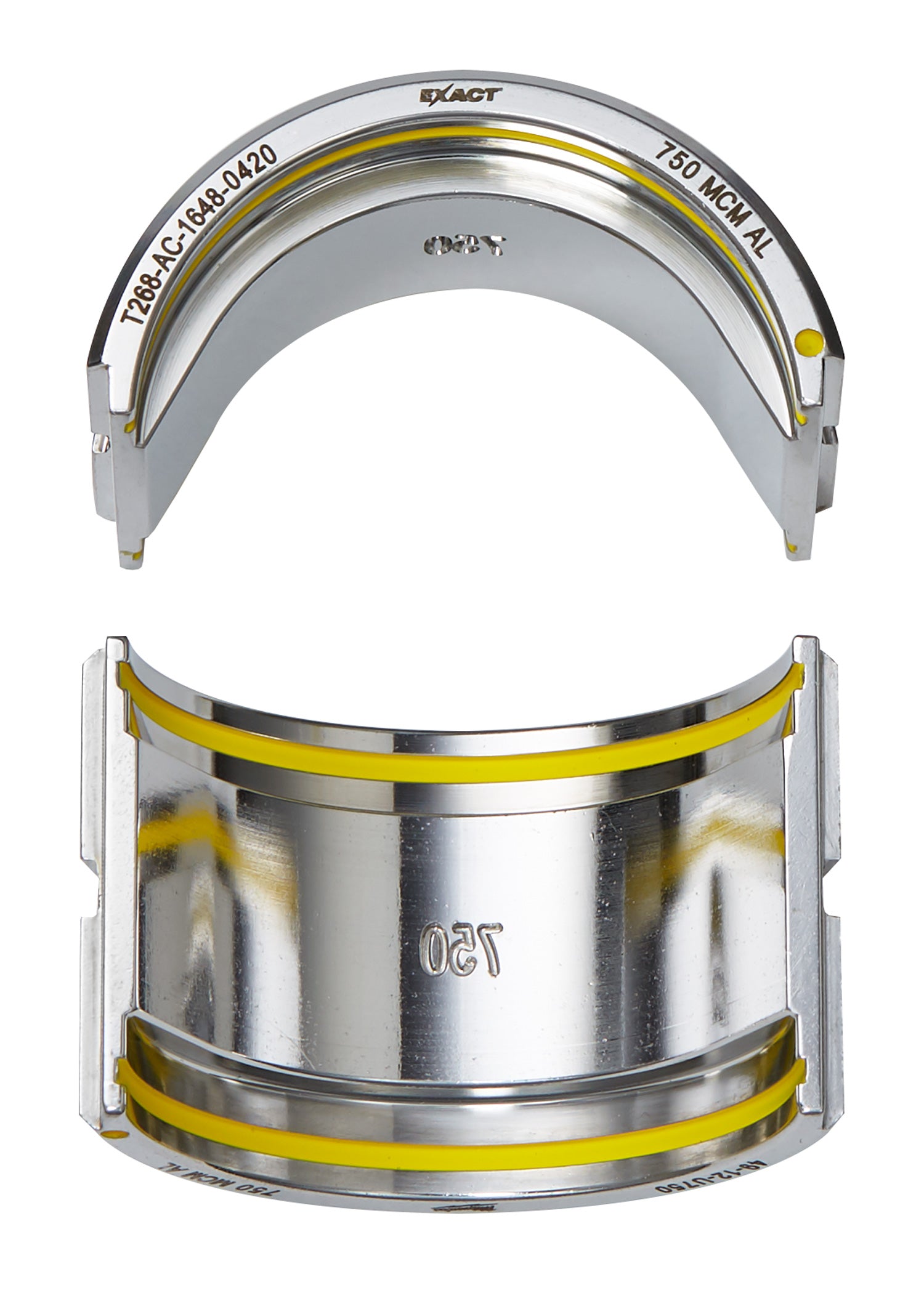 Milwaukee EXACT 750 MCM aluminum U-style die with yellow stripe bands, shown from curved and cylindrical views.