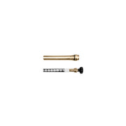 Two brass and metal drywell components with threaded connections and a black valve handle.