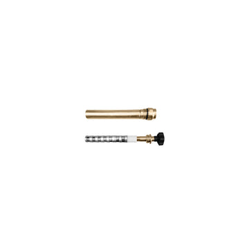 Brass magnet/drywell assembly with threaded connector and black valve handle.