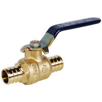 Brass ball valve with 1/2 inch PEX connections and blue lever handle.