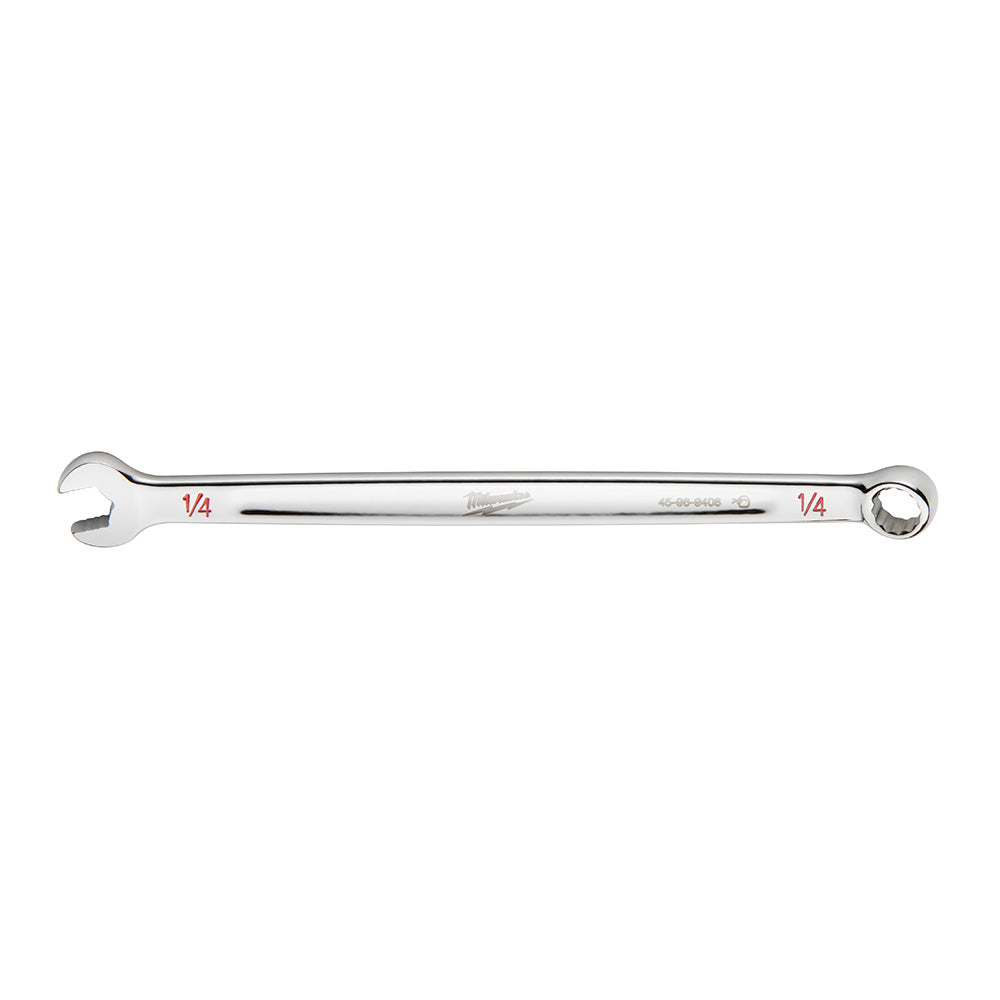 Silver 1/4 inch SAE combination wrench with open end on left and closed ring end on right.