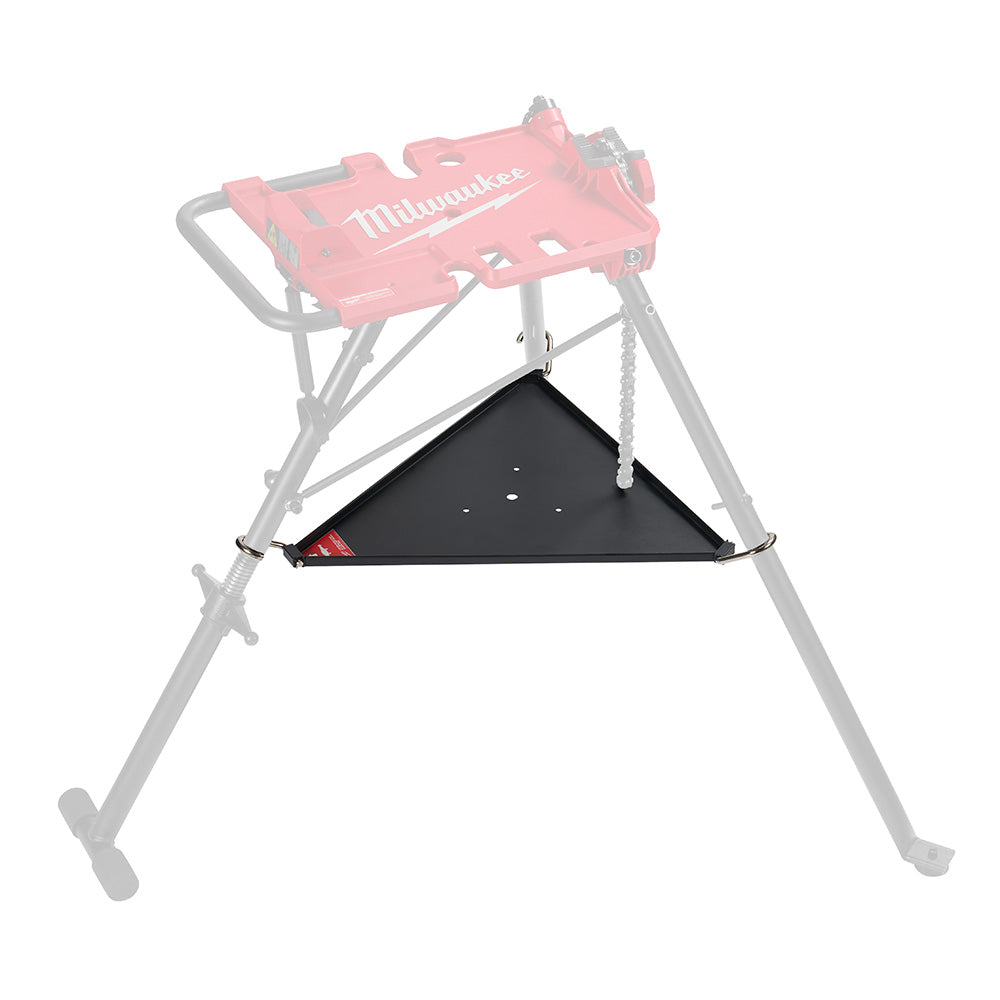 Black triangular shelf with drainage holes, designed to attach beneath Milwaukee leveling tripod vise stand.