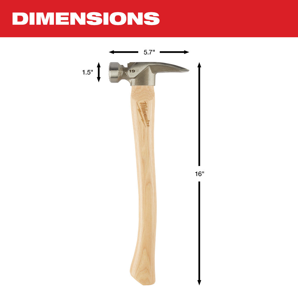 19oz framing hammer with milled face, hickory wood handle, 16 inches long with 5.7 inch head width.