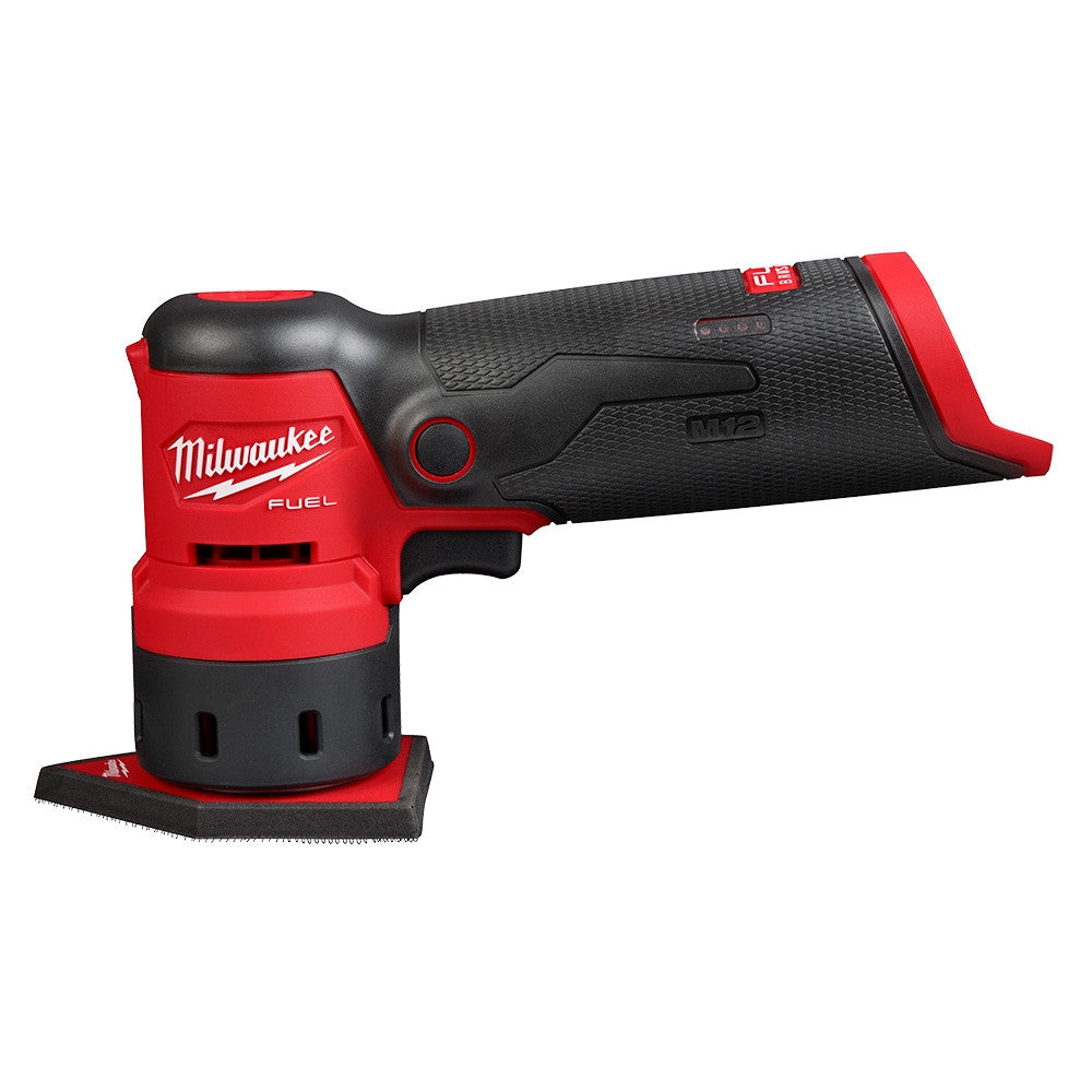 Milwaukee M12 FUEL orbital detail sander with red and black body, textured grip, and square sanding pad.