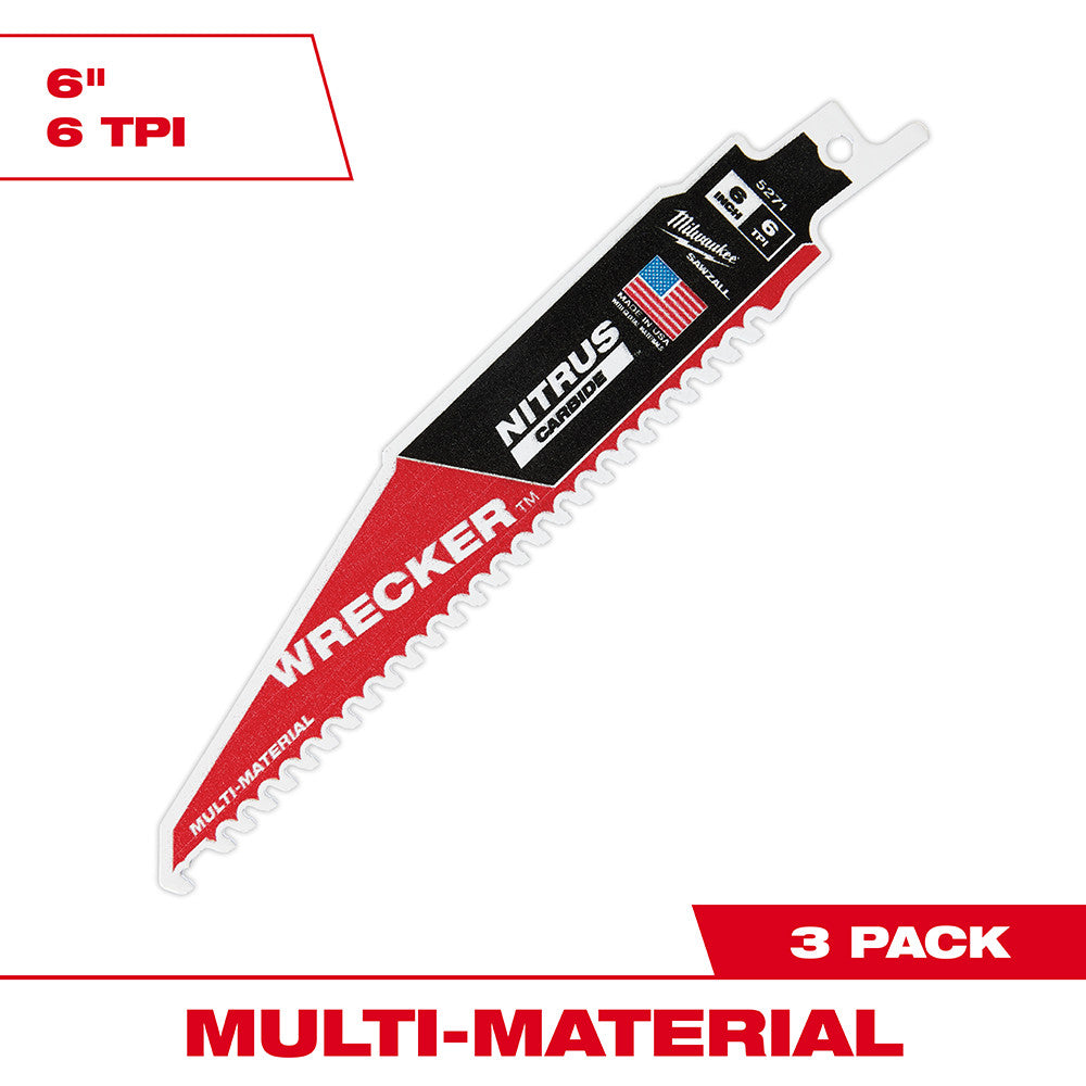 Milwaukee WRECKER 6" reciprocating saw blade with nitrus carbide teeth and red and black body.