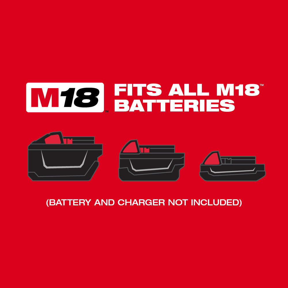 M18 logo and three black battery pack illustrations on red background with compatibility text.
