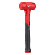 Red dead blow hammer with cylindrical head, black grip handle, and Milwaukee branding on head.