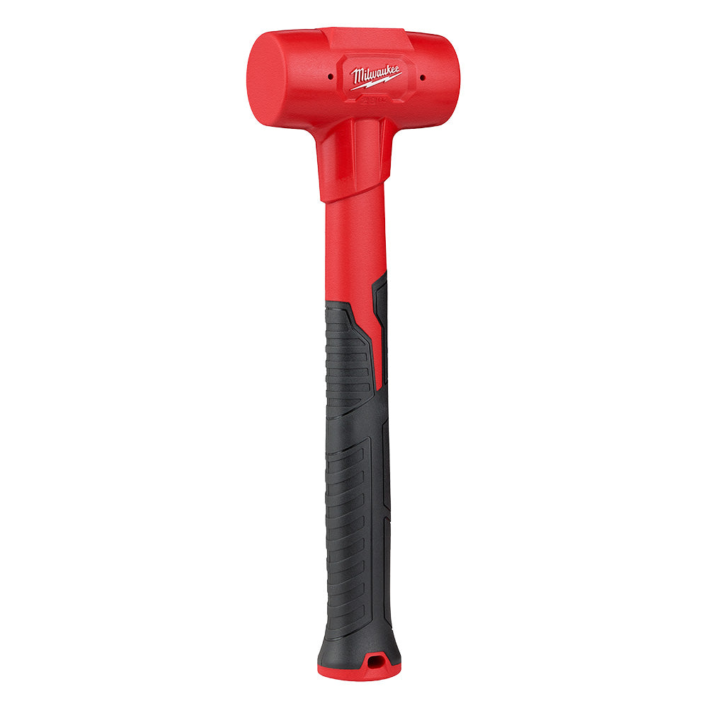 Red dead blow hammer with cylindrical head, black grip handle, and Milwaukee branding on head.