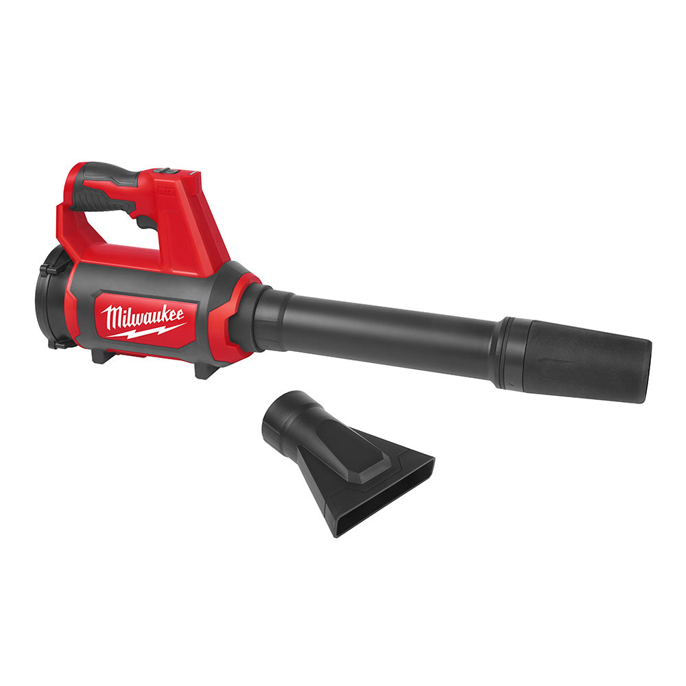 Milwaukee M12 compact spot blower with red and black housing, cylindrical barrel, and detachable nozzle attachment.