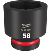 Black Milwaukee 58mm impact duty socket with 1" drive and red grip band at base.