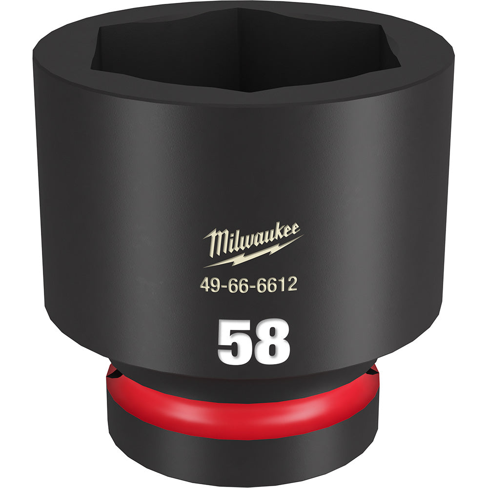 Black Milwaukee 58mm impact duty socket with 1" drive and red grip band at base.