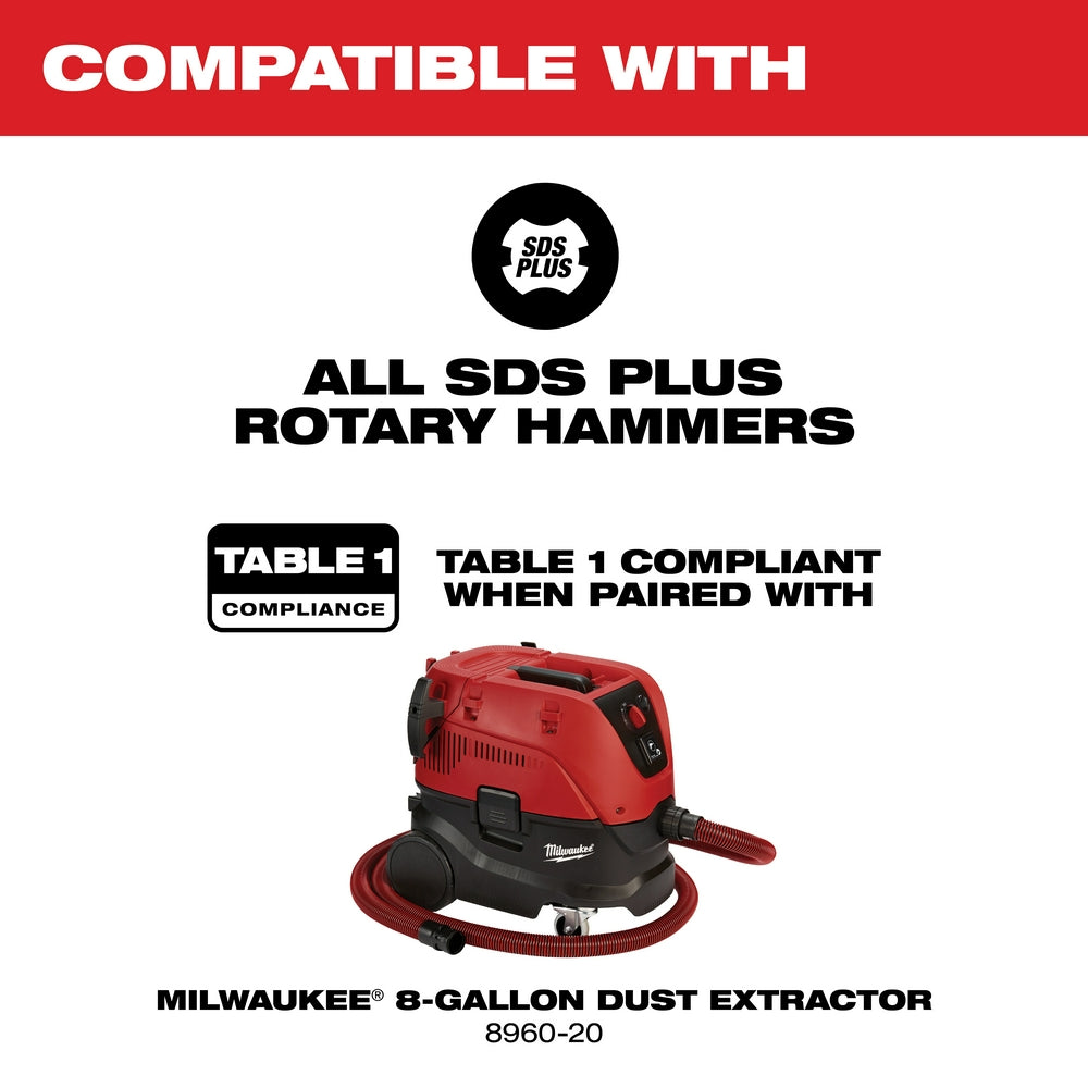Red and black Milwaukee 8-gallon dust extractor with hose attachment, compatible with SDS Plus rotary hammers.