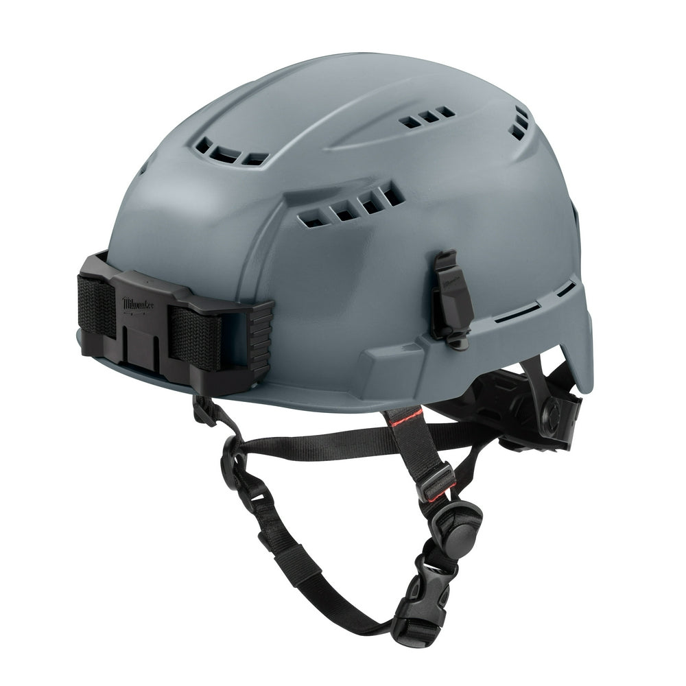 Gray vented safety helmet with black chin strap and side-mounted BOLT attachment points.