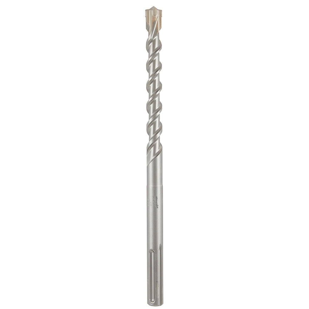 Gray metal SDS-Max drill bit with four-flute cutting head and twisted shaft.